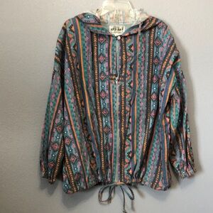 1990s Y2K AT!LAST shirt Men's M abstract southwestern parachute top hooded retro